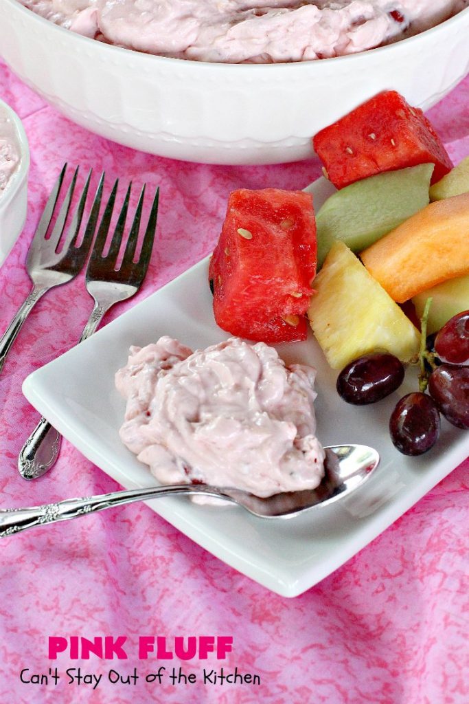 Pink Fluff | Can't Stay Out of the Kitchen | the most divine #fruit #salad ever! It's almost like eating #dessert. This is also incredibly easy to make since it uses only 5 ingredients. #pineapple #cherrypiefilling #glutenfree
