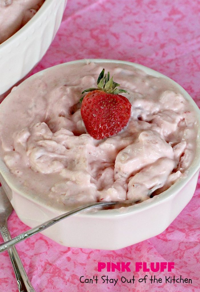 Pink Fluff | Can't Stay Out of the Kitchen | the most divine #fruit #salad ever! It's almost like eating #dessert. This is also incredibly easy to make since it uses only 5 ingredients. #pineapple #cherrypiefilling #glutenfree