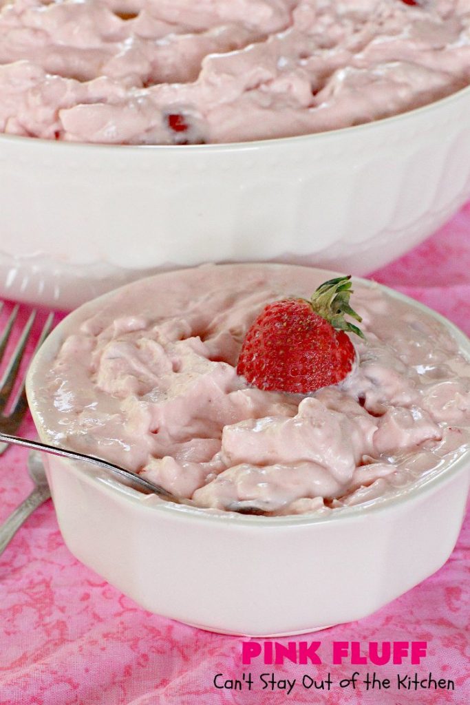 Pink Fluff | Can't Stay Out of the Kitchen | the most divine #fruit #salad ever! It's almost like eating #dessert. This is also incredibly easy to make since it uses only 5 ingredients. #pineapple #cherrypiefilling #glutenfree