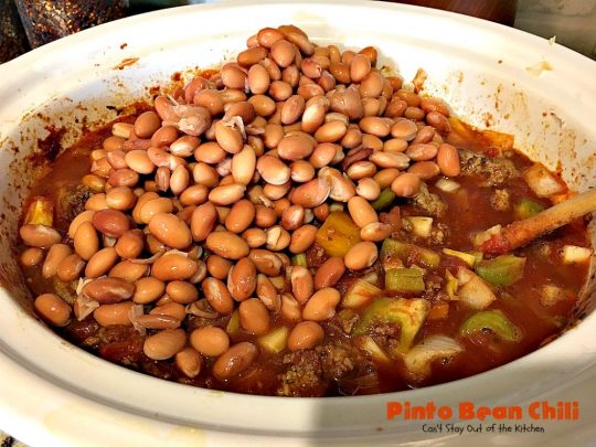 Pinto Bean Chili | Can't Stay Out of the Kitchen | fabulous hot & spicy #chili with 2 kinds of #beans & lots of veggies. #beef #glutenfree #cleaneating
