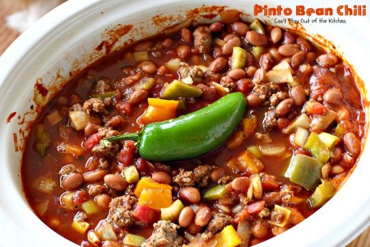 Pinto Bean Chili | Can't Stay Out of the Kitchen | fabulous hot & spicy #chili with 2 kinds of #beans & lots of veggies. #beef #glutenfree #cleaneating