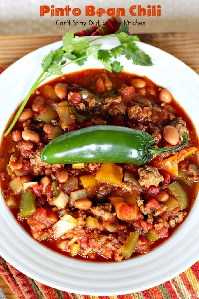 Pinto Bean Chili | Can't Stay Out of the Kitchen | fabulous hot & spicy #chili with 2 kinds of #beans & lots of veggies. #beef #glutenfree #cleaneating