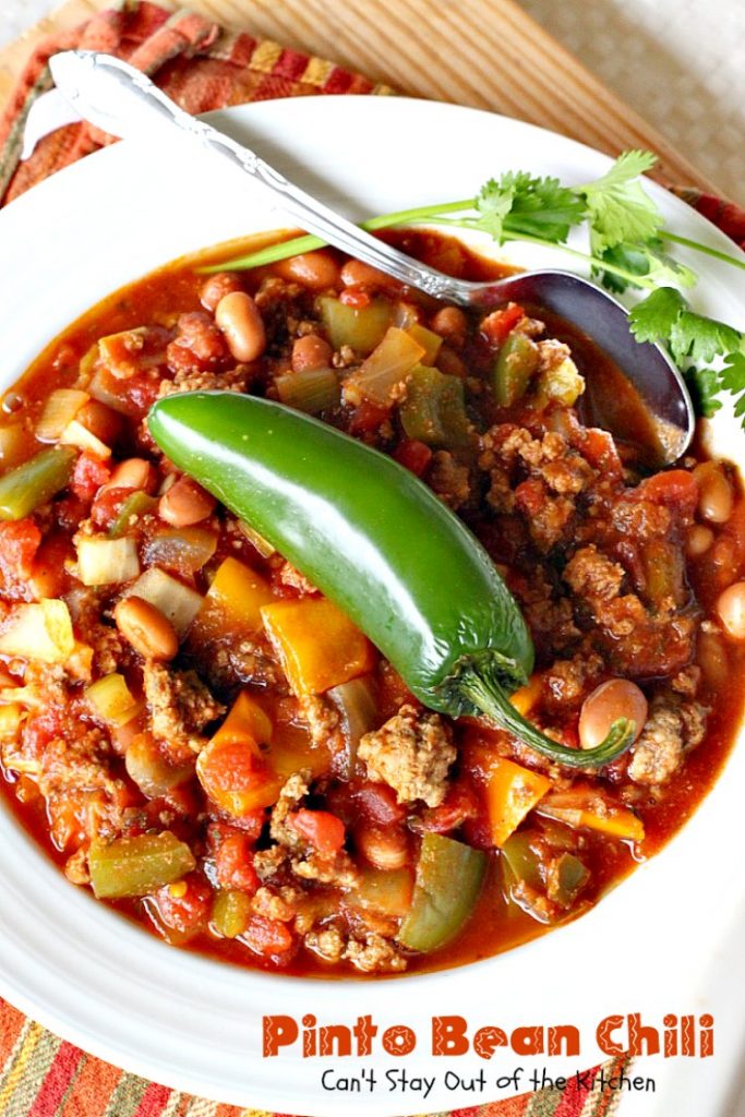 Pinto Bean Chili | Can't Stay Out of the Kitchen | fabulous hot & spicy #chili with 2 kinds of #beans & lots of veggies. #beef #glutenfree #cleaneating