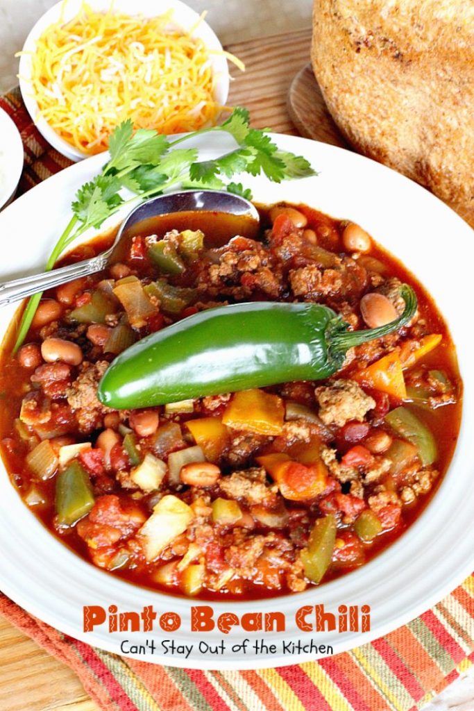 Pinto Bean Chili | Can't Stay Out of the Kitchen | fabulous hot & spicy #chili with 2 kinds of #beans & lots of veggies. #beef #glutenfree #cleaneating