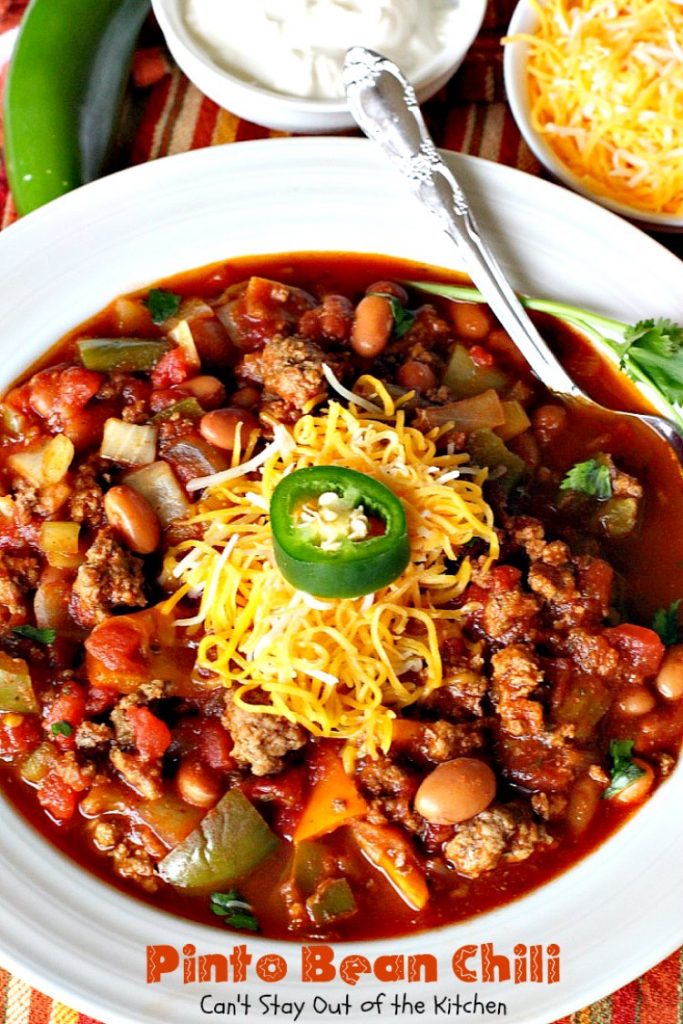Pinto Bean Chili | Can't Stay Out of the Kitchen | fabulous hot & spicy #chili with 2 kinds of #beans & lots of veggies. #beef #glutenfree #cleaneating