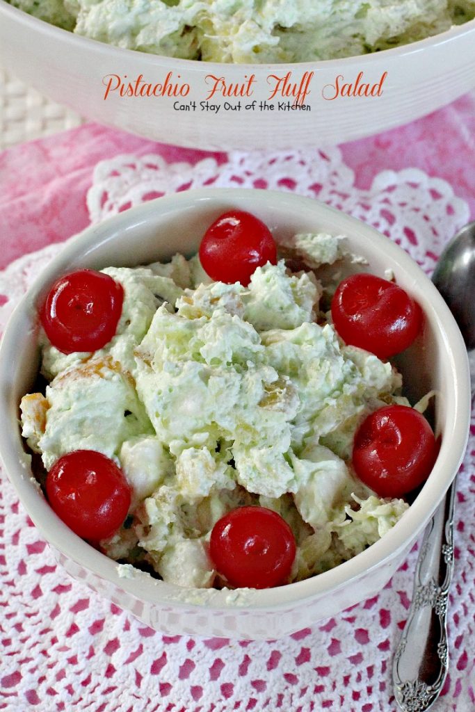 Pistachio Fruit Fluff Salad | Can't Stay Out of the Kitchen | Such a quick, easy and refreshing #fruitsalad for summer barbecues and #holidays. #fruit #salad