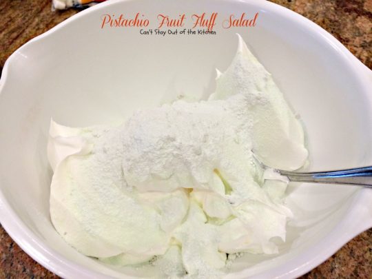 Pistachio Fruit Fluff Salad | Can't Stay Out of the Kitchen | Such a quick, easy and refreshing #fruitsalad for summer barbecues and #holidays. #fruit #salad