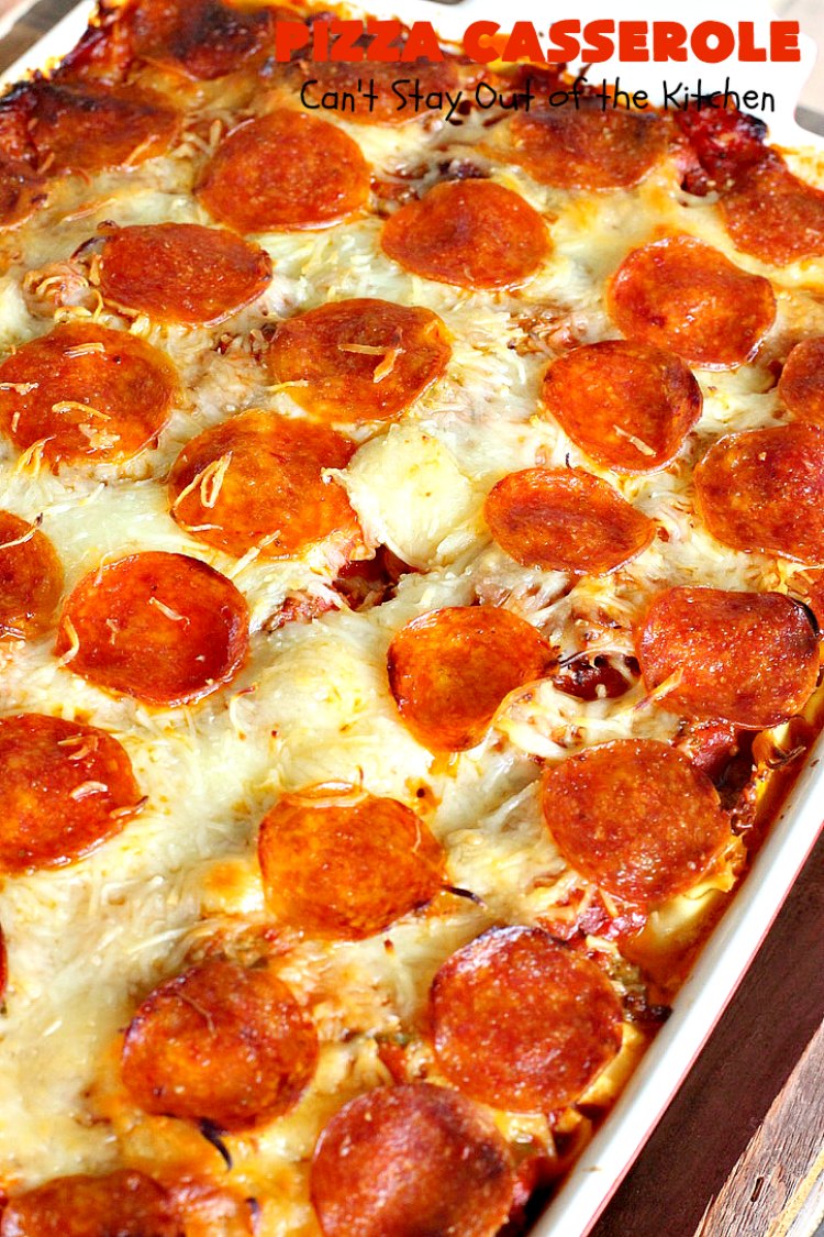 Ten Layer Pizza Casserole | Can't Stay Out of the Kitchen | This fantastic #casserole tastes like eating #pizza or #lasagna. It's filled with #GroundBeef, #noodles, #pepperoni #RicottaCheese, #Mozzarella Cheese & amped up #SpaghettiSauce. Our company raved over this #Italian #MainDish. #PizzaCasserole #TenLayerPizzaCasserole