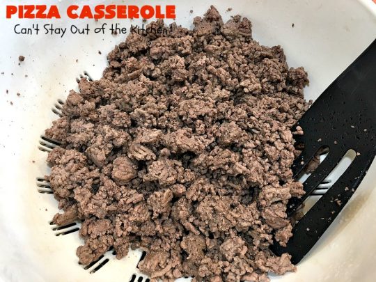 Ten Layer Pizza Casserole | Can't Stay Out of the Kitchen | This fantastic #casserole tastes like eating #pizza or #lasagna. It's filled with #GroundBeef, #noodles, #pepperoni #RicottaCheese, #Mozzarella Cheese & amped up #SpaghettiSauce. Our company raved over this #Italian #MainDish. #PizzaCasserole #TenLayerPizzaCasserole