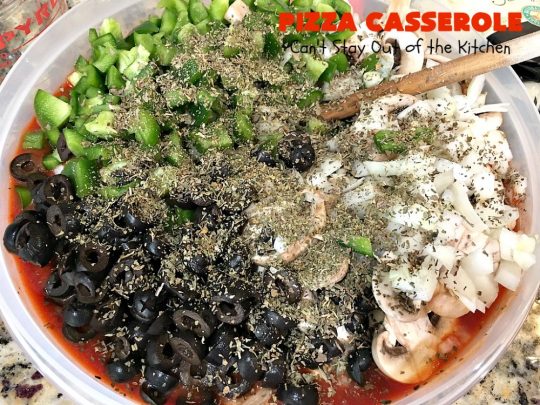 Ten Layer Pizza Casserole | Can't Stay Out of the Kitchen | This fantastic #casserole tastes like eating #pizza or #lasagna. It's filled with #GroundBeef, #noodles, #pepperoni #RicottaCheese, #Mozzarella Cheese & amped up #SpaghettiSauce. Our company raved over this #Italian #MainDish. #PizzaCasserole #TenLayerPizzaCasserole