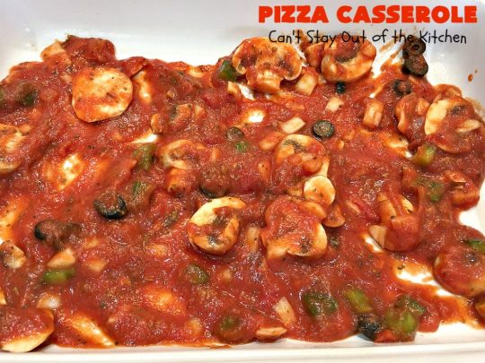 Ten Layer Pizza Casserole | Can't Stay Out of the Kitchen | This fantastic #casserole tastes like eating #pizza or #lasagna. It's filled with #GroundBeef, #noodles, #pepperoni #RicottaCheese, #Mozzarella Cheese & amped up #SpaghettiSauce. Our company raved over this #Italian #MainDish. #PizzaCasserole #TenLayerPizzaCasserole