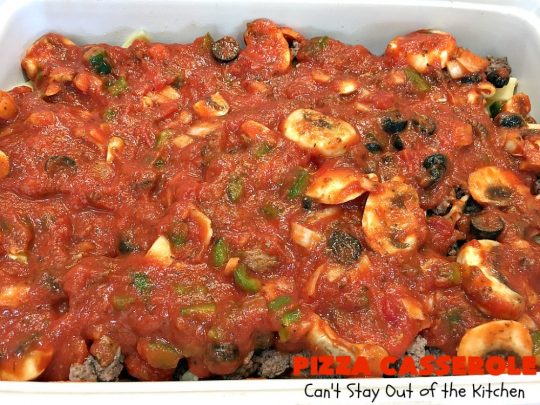 Ten Layer Pizza Casserole | Can't Stay Out of the Kitchen | This fantastic #casserole tastes like eating #pizza or #lasagna. It's filled with #GroundBeef, #noodles, #pepperoni #RicottaCheese, #Mozzarella Cheese & amped up #SpaghettiSauce. Our company raved over this #Italian #MainDish. #PizzaCasserole #TenLayerPizzaCasserole
