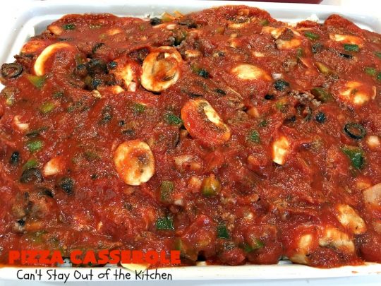 Ten Layer Pizza Casserole | Can't Stay Out of the Kitchen | This fantastic #casserole tastes like eating #pizza or #lasagna. It's filled with #GroundBeef, #noodles, #pepperoni #RicottaCheese, #Mozzarella Cheese & amped up #SpaghettiSauce. Our company raved over this #Italian #MainDish. #PizzaCasserole #TenLayerPizzaCasserole