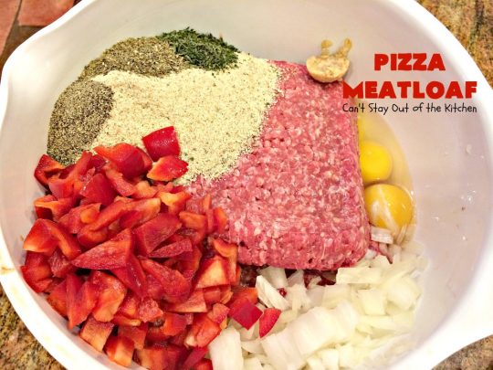 Pizza Meatloaf | Can't Stay Out of the Kitchen | this jazzed up #meatloaf is spectacular & a family favorite. It's got an #Italian flare by adding #mozzallacheese & #spaghettisauce. It tastes like #pizza but in meatloaf form. Terrific weeknight dinner. #beef