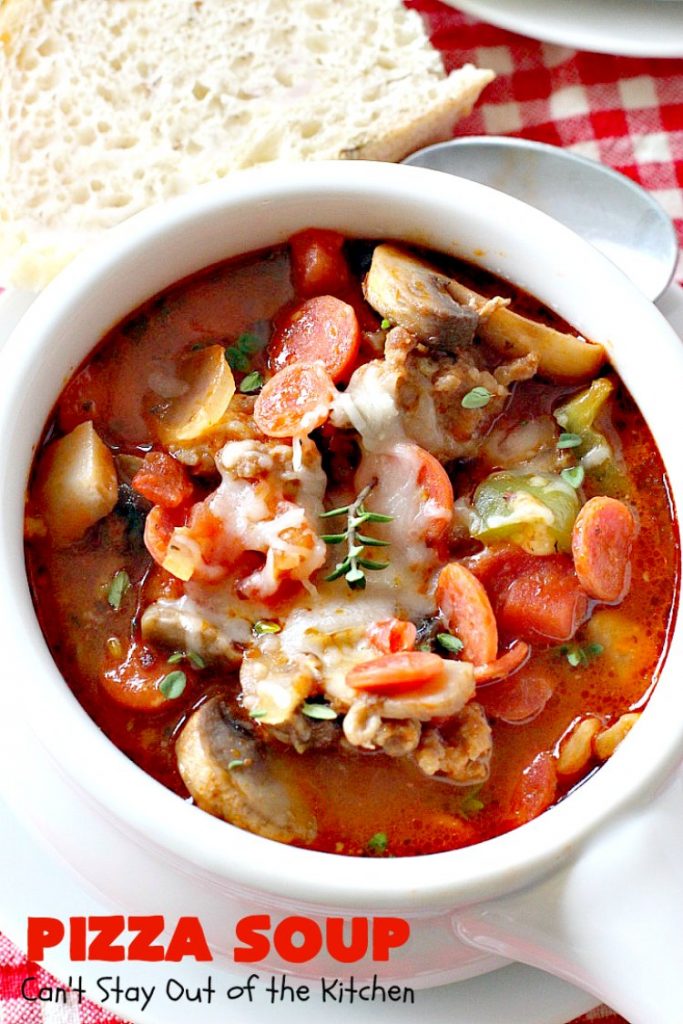 Pizza Soup | Can't Stay Out of the Kitchen | this easy 30-minute #soup is like eating your favorite #pepperoni or Italian #sausage #pizza but in soup form! It's absolutely terrific. #glutenfree