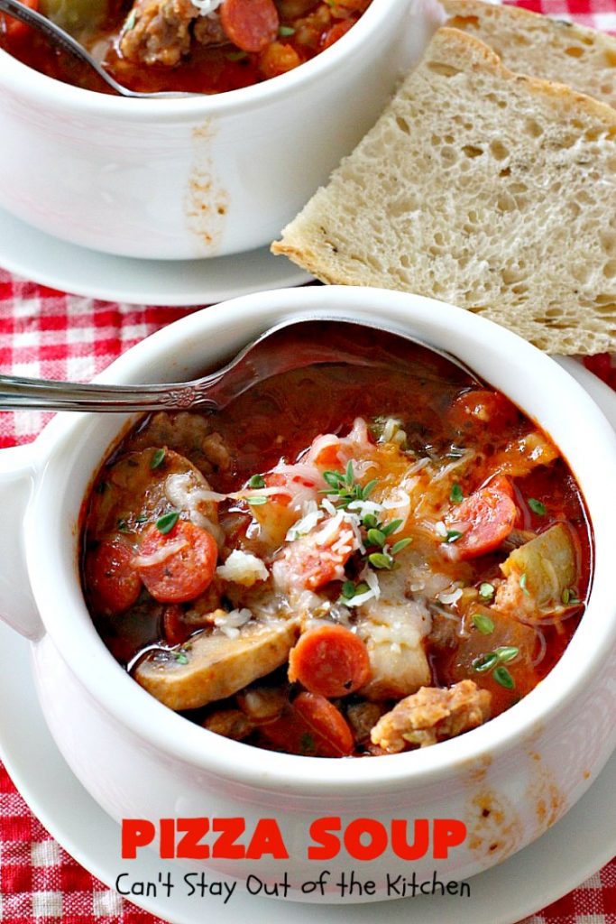 Pizza Soup | Can't Stay Out of the Kitchen | this easy 30-minute #soup is like eating your favorite #pepperoni or Italian #sausage #pizza but in soup form! It's absolutely terrific. #glutenfree