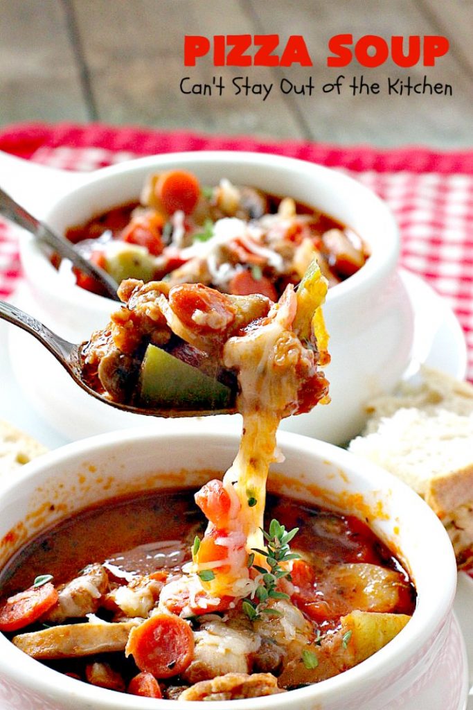 Pizza Soup | Can't Stay Out of the Kitchen | this easy 30-minute #soup is like eating your favorite #pepperoni or Italian #sausage #pizza but in soup form! It's absolutely terrific. #glutenfree