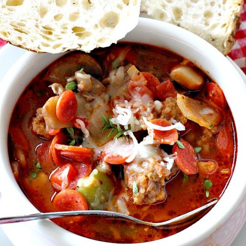Pizza Soup | Can't Stay Out of the Kitchen | this easy 30-minute #soup is like eating your favorite #pepperoni or Italian #sausage #pizza but in soup form! It's absolutely terrific. #glutenfree