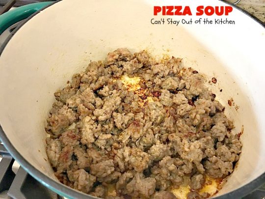 Pizza Soup | Can't Stay Out of the Kitchen | this easy 30-minute #soup is like eating your favorite #pepperoni or Italian #sausage #pizza but in soup form! It's absolutely terrific. #glutenfree