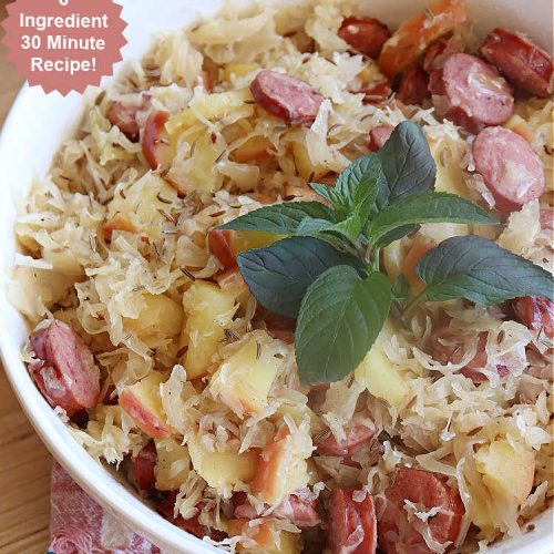 Polish Kraut and Apples | Can't Stay Out of the Kitchen | this quick & easy 6-ingredient #recipe can be whipped up in less than 30 minutes! It uses #beef #PolishSausage rather than pork, & #apples & #sauerkraut along with #CarawaySeeds. This vintage recipe is so flavorful & sumptuous it's sure to become a favorite. #Kielbasa #SmokedSausage #PolishKrautAndApples
