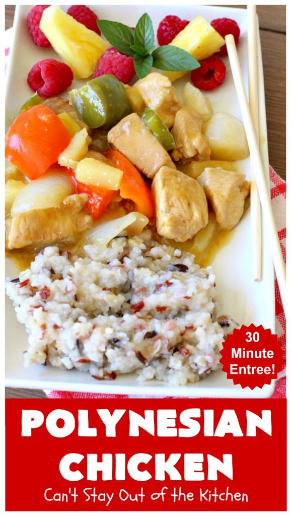 Polynesian Chicken | Can't Stay Out of the Kitchen | this quick & easy 30-minute entree is perfect for weeknight dinners when you're short on time. It's got amazing #Polynesian flavors with #pineapple & a #Caribbean sauce added to the ingredients. #GlutenFree #chicken #PolynesianChicken #30MinuteMeal