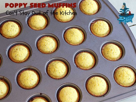 Poppy Seed Muffins | Can't Stay Out of the Kitchen | these delightful #muffins explode with flavor by using #AlmondExtract, #VanillaExtract, #ButterFlavoring & #PoppySeeds. Every bite will cure your sweet tooth cravings! Great for a weekend, company or #holiday #breakfast, #tailgating parties, backyard barbecues, or family picnics. These muffins travel & freeze well. #PoppySeedMuffins