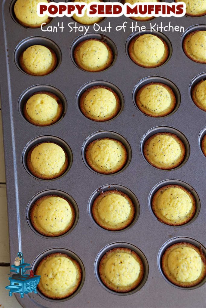 Poppy Seed Muffins | Can't Stay Out of the Kitchen | these delightful #muffins explode with flavor by using #AlmondExtract, #VanillaExtract, #ButterFlavoring & #PoppySeeds. Every bite will cure your sweet tooth cravings! Great for a weekend, company or #holiday #breakfast, #tailgating parties, backyard barbecues, or family picnics. These muffins travel & freeze well. #PoppySeedMuffins