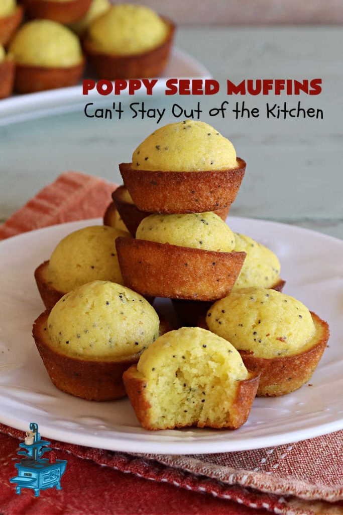 Poppy Seed Muffins | Can't Stay Out of the Kitchen | these delightful #muffins explode with flavor by using #AlmondExtract, #VanillaExtract, #ButterFlavoring & #PoppySeeds. Every bite will cure your sweet tooth cravings! Great for a weekend, company or #holiday #breakfast, #tailgating parties, backyard barbecues, or family picnics. These muffins travel & freeze well. #PoppySeedMuffins