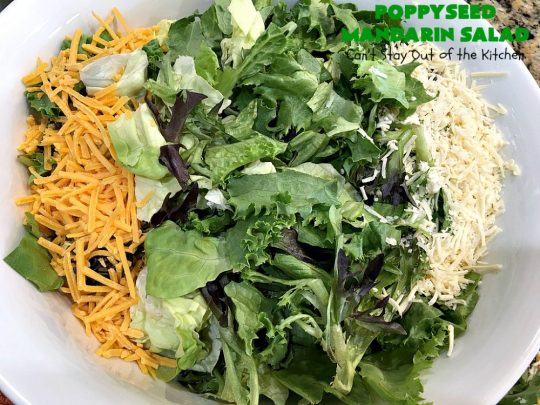 Poppyseed Mandarin Salad | Can't Stay Out of the Kitchen | this quick & easy #salad uses only 7 ingredients including the #SaladDressing. The contrasting savory & sweet flavors are delightful. Great for weeknight dinners. #GlutenFree #MandarinOranges #cashews #CheddarCheese #SwissCheese #cranberries #PoppyseedMandarinSalad