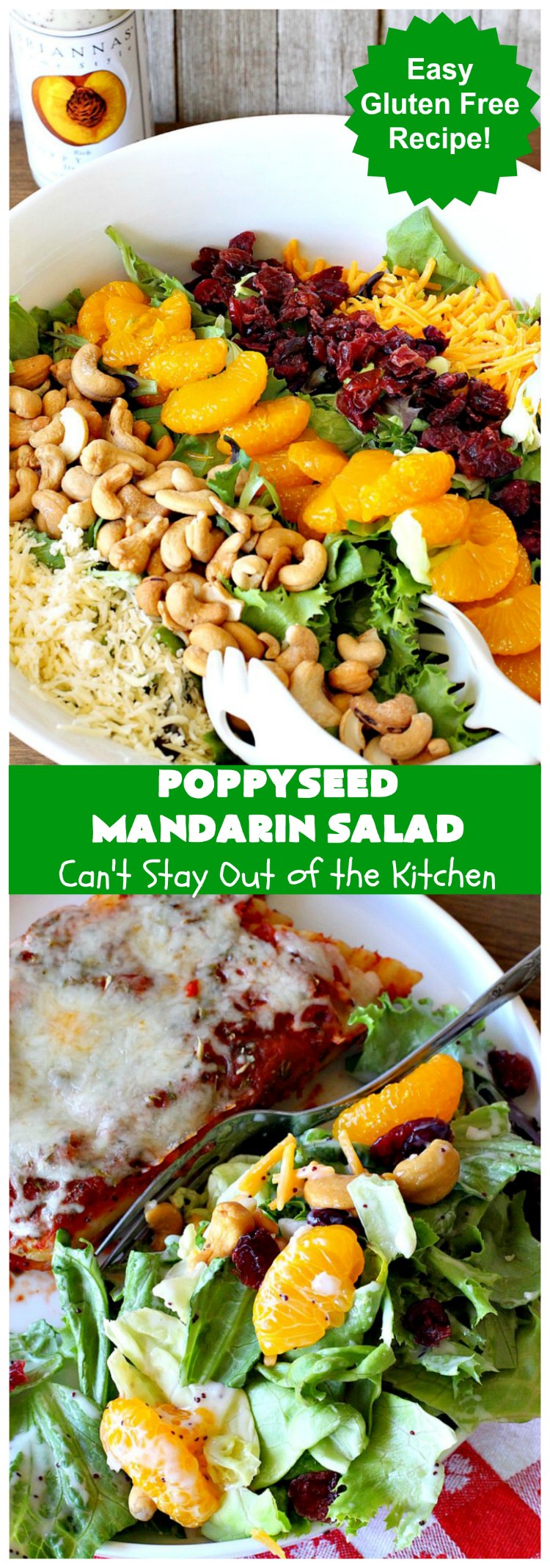 Poppyseed Mandarin Salad | Can't Stay Out of the Kitchen | this quick & easy #salad uses only 7 ingredients including the #SaladDressing. The contrasting savory & sweet flavors are delightful. Great for weeknight dinners. #GlutenFree #MandarinOranges #cashews #CheddarCheese #SwissCheese #cranberries #PoppyseedMandarinSalad