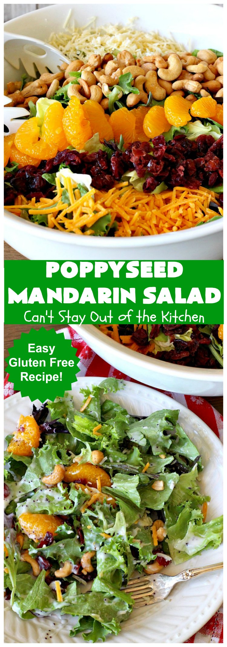Poppyseed Mandarin Salad | Can't Stay Out of the Kitchen | this quick & easy #salad uses only 7 ingredients including the #SaladDressing. The contrasting savory & sweet flavors are delightful. Great for weeknight dinners. #GlutenFree #MandarinOranges #cashews #CheddarCheese #SwissCheese #cranberries #PoppyseedMandarinSalad