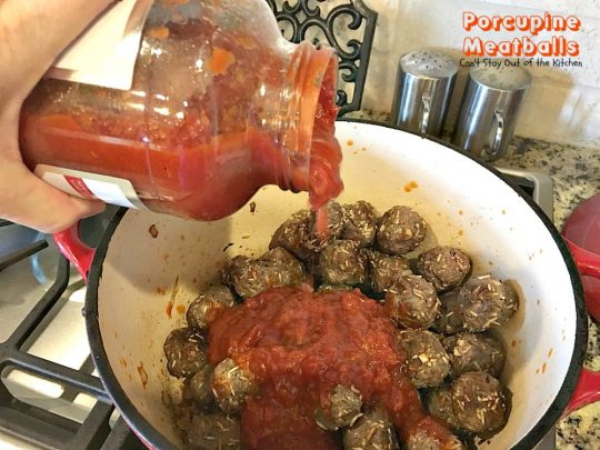 Porcupine Meatballs | Can't Stay Out of the Kitchen | these delicious #meatballs are smothered in a tasty #spaghettisauce. Made with #rice so they're #glutenfree. #beef #groundbeef