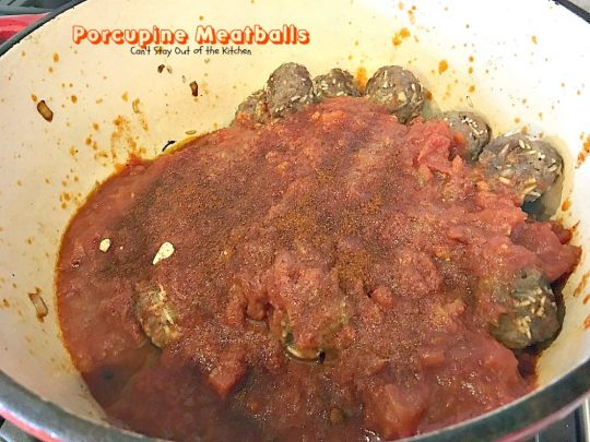 Porcupine Meatballs | Can't Stay Out of the Kitchen | these delicious #meatballs are smothered in a tasty #spaghettisauce. Made with #rice so they're #glutenfree. #beef #groundbeef