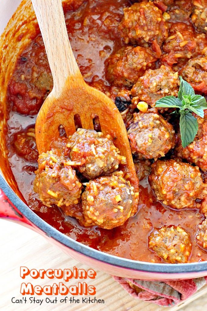 Porcupine Meatballs | Can't Stay Out of the Kitchen | these delicious #meatballs are smothered in a tasty #spaghettisauce. Made with #rice so they're #glutenfree. #beef #groundbeef