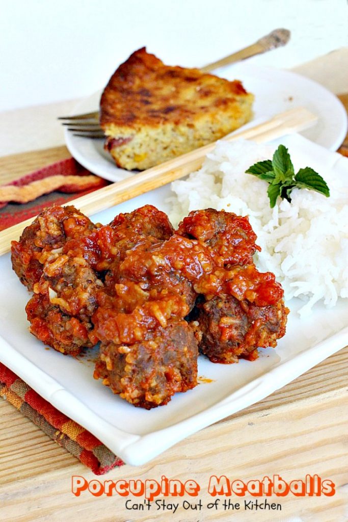 Porcupine Meatballs | Can't Stay Out of the Kitchen | these delicious #meatballs are smothered in a tasty #spaghettisauce. Made with #rice so they're #glutenfree. #beef #groundbeef
