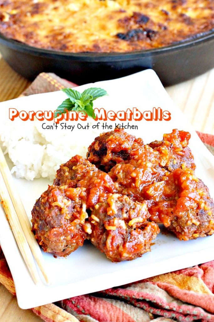 Porcupine Meatballs | Can't Stay Out of the Kitchen | these delicious #meatballs are smothered in a tasty #spaghettisauce. Made with #rice so they're #glutenfree. #beef #groundbeef