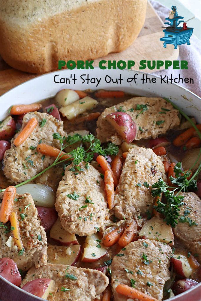 Pork Chop Supper | Can't Stay Out of the Kitchen | this is a fantastic #OneDishMeal #recipe where everything cooks together in the same skillet. #RedPotatoes, #carrots & #SmotheredPorkChops come together in a deliciously seasoned #SkilletDinner that's quick & easy. This meal-in-one can be prepared in under an hour making it a great option for busy week-night suppers. #PorkChopSupper