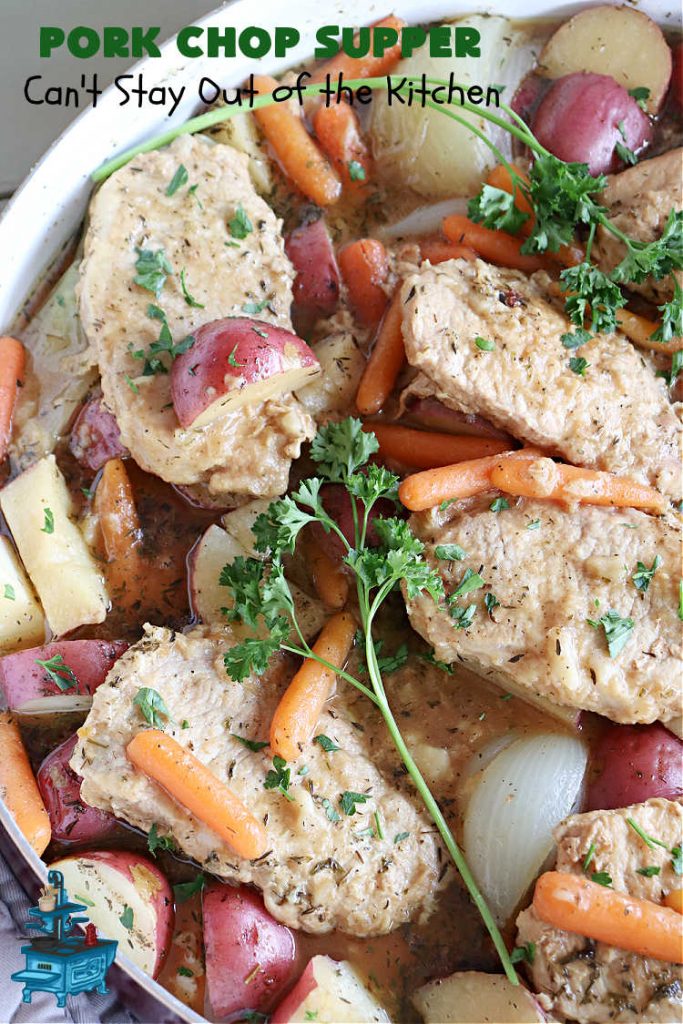 Pork Chop Supper | Can't Stay Out of the Kitchen | this is a fantastic #OneDishMeal #recipe where everything cooks together in the same skillet. #RedPotatoes, #carrots & #SmotheredPorkChops come together in a deliciously seasoned #SkilletDinner that's quick & easy. This meal-in-one can be prepared in under an hour making it a great option for busy week-night suppers. #PorkChopSupper
