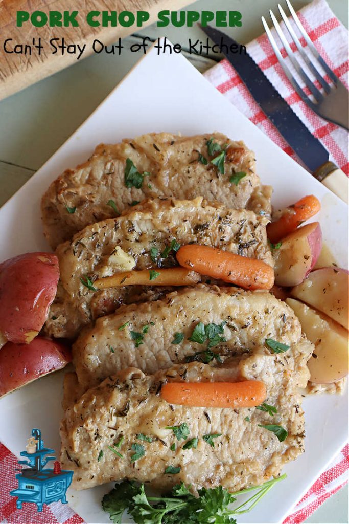 Pork Chop Supper | Can't Stay Out of the Kitchen | this is a fantastic #OneDishMeal #recipe where everything cooks together in the same skillet. #RedPotatoes, #carrots & #SmotheredPorkChops come together in a deliciously seasoned #SkilletDinner that's quick & easy. This meal-in-one can be prepared in under an hour making it a great option for busy week-night suppers. #PorkChopSupper