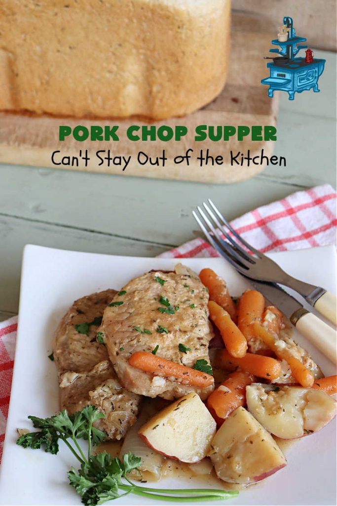Pork Chop Supper | Can't Stay Out of the Kitchen | this is a fantastic #OneDishMeal #recipe where everything cooks together in the same skillet. #RedPotatoes, #carrots & #SmotheredPorkChops come together in a deliciously seasoned #SkilletDinner that's quick & easy. This meal-in-one can be prepared in under an hour making it a great option for busy week-night suppers. #PorkChopSupper