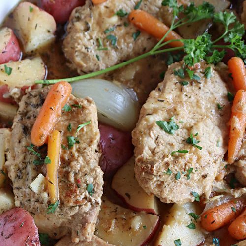 Pork Chop Supper | Can't Stay Out of the Kitchen | this is a fantastic #OneDishMeal #recipe where everything cooks together in the same skillet. #RedPotatoes, #carrots & #SmotheredPorkChops come together in a deliciously seasoned #SkilletDinner that's quick & easy. This meal-in-one can be prepared in under an hour making it a great option for busy week-night suppers. #PorkChopSupper