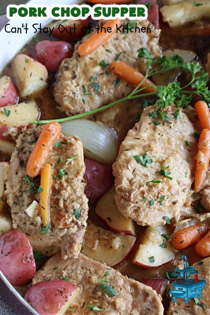 Pork Chop Supper | Can't Stay Out of the Kitchen | this is a fantastic #OneDishMeal #recipe where everything cooks together in the same skillet. #RedPotatoes, #carrots & #SmotheredPorkChops come together in a deliciously seasoned #SkilletDinner that's quick & easy. This meal-in-one can be prepared in under an hour making it a great option for busy week-night suppers. #PorkChopSupper