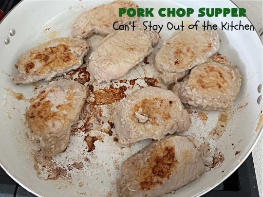 Pork Chop Supper | Can't Stay Out of the Kitchen | this is a fantastic #OneDishMeal #recipe where everything cooks together in the same skillet. #RedPotatoes, #carrots & #SmotheredPorkChops come together in a deliciously seasoned #SkilletDinner that's quick & easy. This meal-in-one can be prepared in under an hour making it a great option for busy week-night suppers. #PorkChopSupper