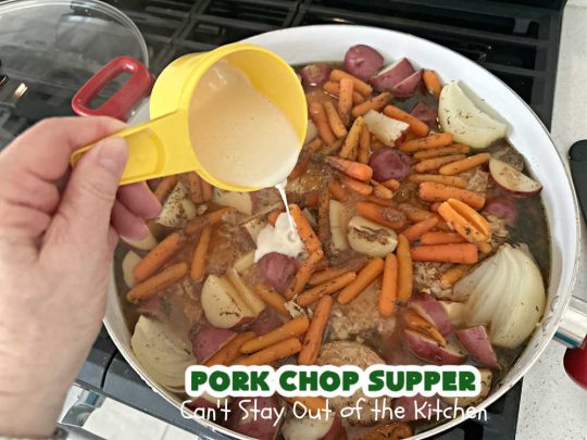 Pork Chop Supper | Can't Stay Out of the Kitchen | this is a fantastic #OneDishMeal #recipe where everything cooks together in the same skillet. #RedPotatoes, #carrots & #SmotheredPorkChops come together in a deliciously seasoned #SkilletDinner that's quick & easy. This meal-in-one can be prepared in under an hour making it a great option for busy week-night suppers. #PorkChopSupper