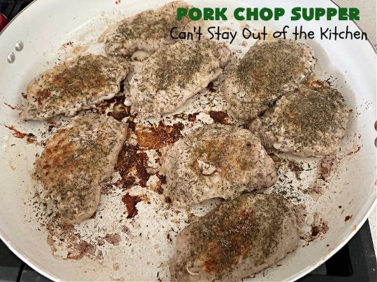 Pork Chop Supper | Can't Stay Out of the Kitchen | this is a fantastic #OneDishMeal #recipe where everything cooks together in the same skillet. #RedPotatoes, #carrots & #SmotheredPorkChops come together in a deliciously seasoned #SkilletDinner that's quick & easy. This meal-in-one can be prepared in under an hour making it a great option for busy week-night suppers. #PorkChopSupper