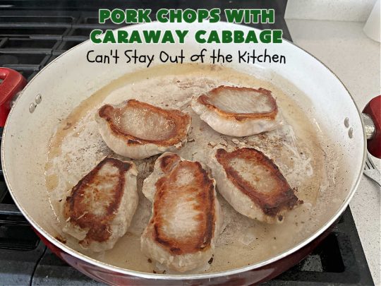 Pork Chops with Caraway Cabbage | Can't Stay Out of the Kitchen | this tasty & delicious #MainDish includes #PorkChops with wonderfully flavored tri-colored #cabbage. It's a great #pork dish to whip up when you're short on time since it's really easy to toss together. #GlutenFree #PorkChopsWithCarawayCabbage