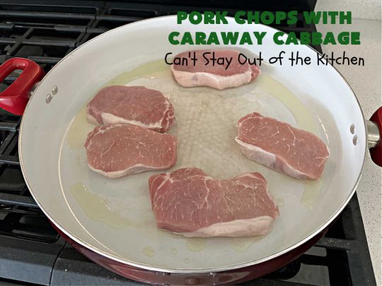 Pork Chops with Caraway Cabbage | Can't Stay Out of the Kitchen | this tasty & delicious #MainDish includes #PorkChops with wonderfully flavored tri-colored #cabbage. It's a great #pork dish to whip up when you're short on time since it's really easy to toss together. #GlutenFree #PorkChopsWithCarawayCabbage