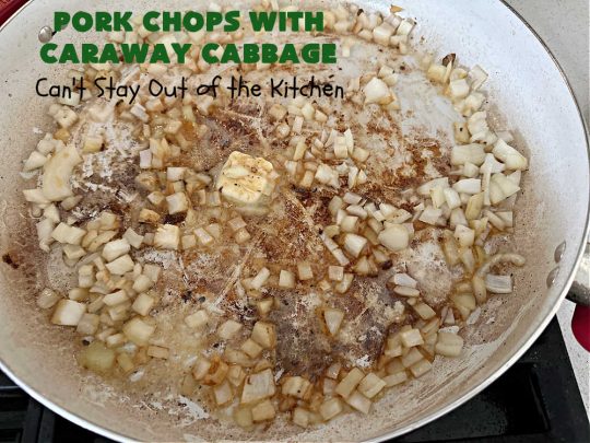 Pork Chops with Caraway Cabbage | Can't Stay Out of the Kitchen | this tasty & delicious #MainDish includes #PorkChops with wonderfully flavored tri-colored #cabbage. It's a great #pork dish to whip up when you're short on time since it's really easy to toss together. #GlutenFree #PorkChopsWithCarawayCabbage