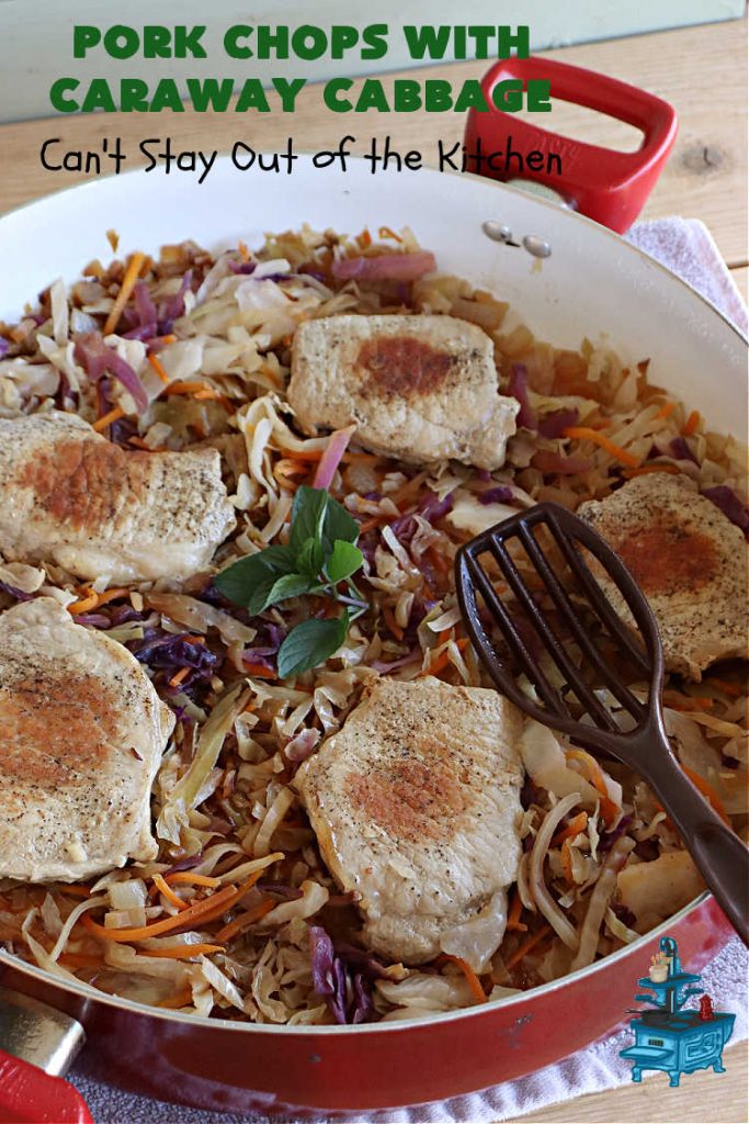 Pork Chops with Caraway Cabbage | Can't Stay Out of the Kitchen | this tasty & delicious #MainDish includes #PorkChops with wonderfully flavored tri-colored #cabbage. It's a great #pork dish to whip up when you're short on time since it's really easy to toss together. #GlutenFree #PorkChopsWithCarawayCabbage