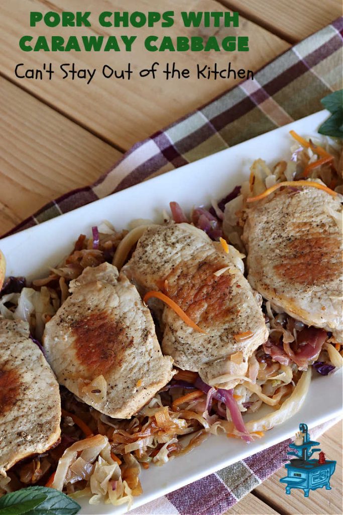 Pork Chops with Caraway Cabbage | Can't Stay Out of the Kitchen | this tasty & delicious #MainDish includes #PorkChops with wonderfully flavored tri-colored #cabbage. It's a great #pork dish to whip up when you're short on time since it's really easy to toss together. #GlutenFree #PorkChopsWithCarawayCabbage